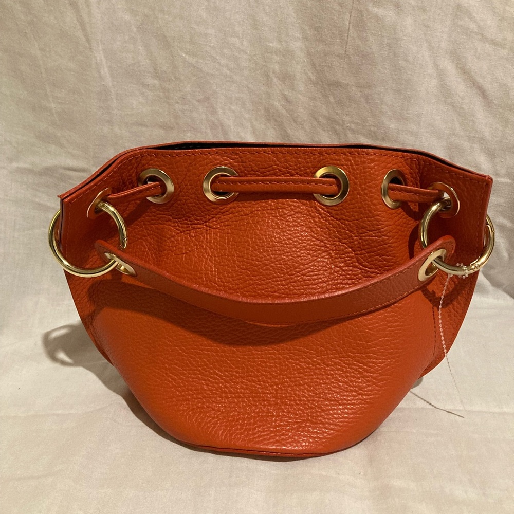 Anna Paola Orange Mini Bucket Bag. This bag measures 11 inches to 8 inches